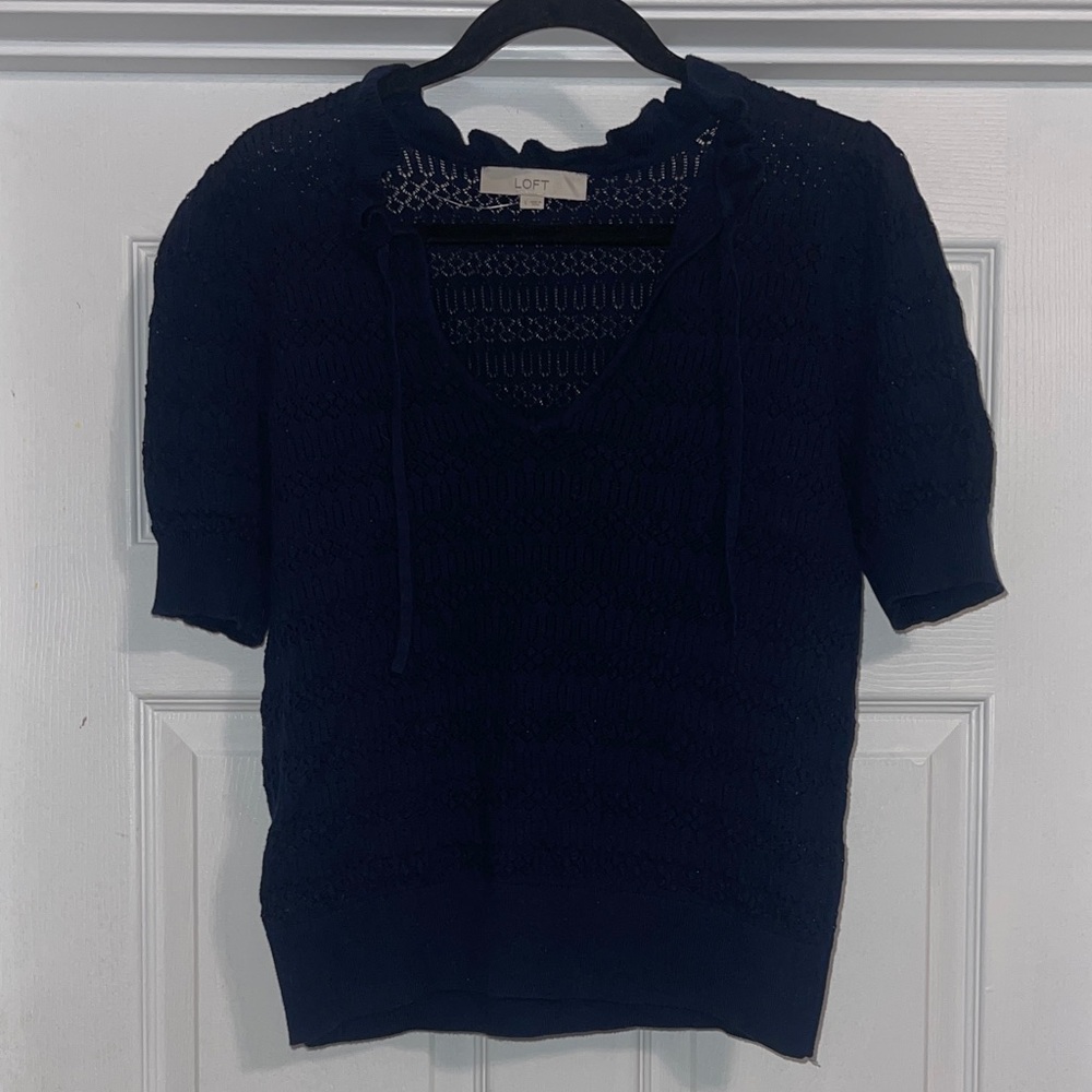 LOFT Dark Blue Textured V-Neck Top.     
New W/o tag